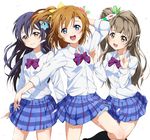  arm_up bangs blue_eyes blue_hair bow bowtie closed_mouth commentary_request dress_shirt flower grey_hair hair_between_eyes hair_flower hair_ornament imuta_(vaporization) kousaka_honoka leg_up long_hair long_sleeves looking_at_viewer love_live! love_live!_school_idol_project minami_kotori multiple_girls one_side_up open_mouth orange_hair otonokizaka_school_uniform plaid plaid_skirt pleated_skirt red_neckwear school_uniform shirt simple_background skirt smile sonoda_umi striped striped_neckwear v white_shirt yellow_eyes 