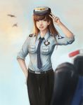  absurdres alternate_costume animal_print bad_id bad_pixiv_id belt bird black_pants blue_shirt blue_sky blurry blurry_background breasts brown_eyes brown_hair bunny_print cloud collared_shirt cowboy_shot d.va_(overwatch) day female_service_cap highres jjong long_hair looking_at_viewer mecha meka_(overwatch) necktie no_gloves nose officer_d.va outdoors overwatch pants parted_lips patch pink_lips pocket police police_uniform shirt silhouette sky sleeves_folded_up small_breasts smile solo striped striped_neckwear uniform v 