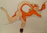  2017 anus balls bedroom_eyes butt claws from_behind_(disambiguation) half-closed_eyes hetch looking_at_viewer lying male nude on_front open_mouth peace_sign_(disambiguation) penis pinup pose presenting pumpkin_spice_sergal seductive sergal solo tongue tongue_out traditional_media_(artwork) 