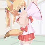  animal_ears bare_back bell blonde_hair blue_eyes blurry blurry_background bow breasts commentary_request cowboy_shot detached_sleeves door eyebrows floral_print fox_ears from_side hair_bell hair_ornament hair_ribbon hands_up indoors kemomimi_oukoku_kokuei_housou looking_at_viewer microskirt mikoko_(kemomimi_oukoku_kokuei_housou) neck_ribbon pink_shirt pleated_skirt red_bow red_ribbon red_skirt ribbon shirt sideboob skirt small_breasts solo tatami thighhighs twintails wall winn zettai_ryouiki 