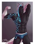  2018 5_fingers abs anthro biceps black_fur black_skin blue_eyes blue_hair bulge clothed clothing equine eyebrows feralise fist flexing fur gloves_(marking) grey_background hair hair_tuft hand_behind_head horse looking_at_viewer male mammal markings multicolored_hair muscular muscular_male pose simple_background smile smirk snout solo standing tattoo topless tribal_tattoo two_tone_hair underwear white_fur white_hair white_skin 