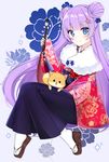  2018 animal black_skirt blue_background blue_bow blue_eyes blush bow brown_footwear calligraphy_brush chinese_zodiac closed_mouth commentary dog double_bun fingernails floral_print flower fur_collar hair_bow hair_ornament highres holding holding_paintbrush japanese_clothes kimono long_sleeves looking_at_viewer mamel_27 nail_polish obi original paintbrush pink_nails pleated_skirt print_kimono red_flower red_kimono red_rose rose sash side_bun sidelocks sitting skirt sleeves_past_wrists smile socks solo sparkle tabi white_legwear wide_sleeves year_of_the_dog zouri 