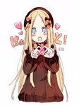  abigail_williams_(fate/grand_order) bangs black_bow black_dress black_hat blonde_hair blue_eyes blush_stickers bow dress eyebrows_visible_through_hair fate/grand_order fate_(series) hair_bow hat heart heart_hands highres long_hair long_sleeves looking_at_viewer open_mouth orange_bow parted_bangs sofra solo translation_request upper_teeth v-shaped_eyebrows very_long_hair 