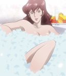  1girl bath breasts brown_eyes brown_hair bubble_bath cleavage cup drinking_glass food fruit large_breasts long_hair looking_at_viewer lupin_iii mine_fujiko nude wine_glass 