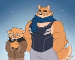  2018 anthro biceps big_muscles blue_eyes canine chest_tuft clothed clothing digital_media_(artwork) dog fur hi_res male mammal muscular muscular_male otake pecs scarf simple_background takemoto takemoto_arashi tan_fur tuft winter 