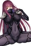  arm_at_side arm_support armor bodysuit breasts commentary_request covered_mouth covered_navel cowboy_shot eyebrows_visible_through_hair fate/grand_order fate_(series) hair_between_eyes hair_intakes hand_in_hair highres large_breasts long_hair looking_at_viewer mask ninja_mask pauldrons purple_bodysuit purple_hair red_eyes scathach_(fate)_(all) scathach_(fate/grand_order) shoukaki_(earthean) shoulder_armor sidelocks sitting solo spread_legs 