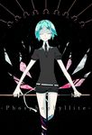  androgynous aqua_hair arrow broken character_name closed_eyes colored_eyelashes gem_uniform_(houseki_no_kuni) houseki_no_kuni missing_limb necktie phosphophyllite short_hair shorts smile solo sword weapon wi_(hiyoko026) 