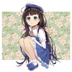  absurdres ahoge bangs beret blue_dress blue_eyes blue_footwear bobby_socks brown_hair closed_mouth commentary_request dress eyebrows_visible_through_hair floral_background hans_(425299354) hat highres hinatsuru_ai long_hair long_sleeves looking_at_viewer low_twintails puffy_short_sleeves puffy_sleeves ryuuou_no_oshigoto! school_uniform shoes short_over_long_sleeves short_sleeves smile socks solo squatting twintails very_long_hair white_background white_hat white_legwear 