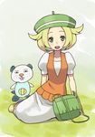  bag bel_(pokemon) beret blonde_hair blush breasts collarbone commentary_request dress flipped_hair gen_5_pokemon green_eyes green_hat handbag hashi hat medium_hair open_mouth oshawott pantyhose pokemon pokemon_(creature) pokemon_(game) pokemon_bw small_breasts 