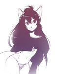  &lt;3 absurd_res anthro bare_shoulder black_hair bulge cat clothed clothing crop_top feline fur girly hair hi_res long_hair male mammal mercy_(suelix) panties restricted_palette shirt simple_background skimpy smile solo suelix sweater underwear white_background white_fur 