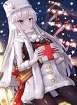  azur_lane black_legwear blue_eyes box christmas_tree cowboy_shot dutch_angle enterprise_(azur_lane) eyebrows_visible_through_hair from_below gift gift_box gloves hair_between_eyes hat highres holding holding_box long_hair night outdoors pantyhose silver_hair smile solo standing very_long_hair white_gloves white_hat winter_clothes xenonstriker 