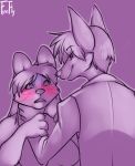  2013 anthro asphyxiation blush breasts canid canine canis choking clothed clothing digital_media_(artwork) domination duo featureless_breasts fyrefly grin hair hand_on_neck jackal looking_at_another mammal nervous nude open_mouth smile strangling teeth 
