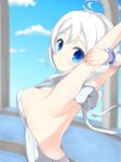  akiiro antenna_hair armpits blue_eyes blush breasts cleavage closed_mouth dennou_shoujo_youtuber_shiro eyebrows_visible_through_hair highres large_breasts looking_at_viewer meme_attire shiro_(dennou_shoujo_youtuber_shiro) short_hair sideboob smile solo virgin_killer_sweater white_hair 