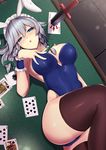  ace_of_spades alternate_costume animal_ears ass bare_arms black_legwear blue_eyes blush bow breasts bunny_ears bunnysuit card commentary dagger dutch_angle eyebrows_visible_through_hair fake_animal_ears floor green_bow hair_between_eyes hair_bow hand_on_own_chest highres izayoi_sakuya joker_card large_breasts looking_at_viewer lying maid_headdress nose_blush on_back parted_lips short_hair silver_hair sinkai solo table thighhighs touhou weapon wrist_cuffs 
