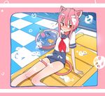  animal_ears arm_support between_legs blush bural_chingu cat_ears cat_tail commentary eyebrows_visible_through_hair highres inflatable_raft korean_commentary lee_ji-eun_(bural_chingu) looking_to_the_side luke_(dydansgur) nose_blush outside_border pink_background pink_hair red_eyes rubber_duck school_swimsuit school_uniform shampoo short_hair short_hair_with_long_locks sidelocks sitting soap_bubbles solo swimsuit swimsuit_under_clothes tail tail_between_legs washtub wavy_mouth 