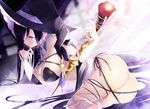  ass black_hair breasts cleavage elbow_gloves gloves hat kirie_nozomi long_hair nopan original ribbons staff weapon witch_hat 