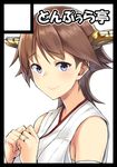  black_border border breasts brown_hair circle_cut flipped_hair headband hiei_(kantai_collection) jewelry kantai_collection looking_at_viewer medium_breasts nontraditional_miko purple_eyes ring saemon_(tonpura) short_hair simple_background sleeveless smile solo wedding_band white_background 