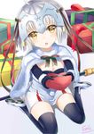  absurdres black_legwear box breasts capelet cleavage eric_(pixiv9123557) fate/grand_order fate_(series) full_body fur_trim gift gift_box hair_ribbon head_tilt highres jeanne_d'arc_(fate)_(all) jeanne_d'arc_alter_santa_lily long_hair looking_at_viewer merry_christmas neck_ribbon open_mouth ponytail ribbon shiny shiny_clothes signature silver_hair sitting small_breasts solo striped striped_ribbon thighhighs wariza white_background white_capelet yellow_eyes zettai_ryouiki 