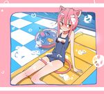  animal_ears arm_support between_legs blush bural_chingu cat_ears cat_tail eyebrows_visible_through_hair highres inflatable_raft inset lee_ji-eun_(bural_chingu) looking_to_the_side luke_(dydansgur) nose_blush one-piece_swimsuit outside_border pink_background pink_hair red_eyes rubber_duck school_swimsuit shampoo short_hair short_hair_with_long_locks sidelocks sitting soap_bubbles solo swimsuit tail tail_between_legs washtub wavy_mouth 