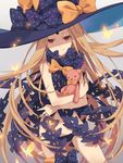  abigail_williams_(fate/grand_order) bangs black_panties blonde_hair blue_bow bow bug butterfly cowboy_shot da_yoha fate/grand_order fate_(series) gradient gradient_background grey_background hat insect keyhole long_hair looking_at_viewer lowleg lowleg_panties object_hug panties parted_bangs polka_dot polka_dot_bow red_eyes revealing_clothes smile solo stuffed_animal stuffed_toy teddy_bear underwear very_long_hair witch_hat yellow_bow 