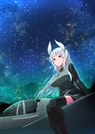  aircraft airplane animal_ears breasts commentary_request fighter_jet glasses head_wings heidimarie_w_schnaufer highres inu3 jet large_breasts long_hair military military_uniform military_vehicle night night_sky red_eyes sky smile solo strike_witches thighhighs uniform white_hair world_witches_series 