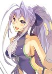  1girl alternate_color antenna_hair blazblue blazblue:_central_fiction blazblue_variable_heart breasts genderswap_(mtf) halter_top halterneck hyakuhachi_(over3) large_breasts mai_natsume ponytail purple_eyes purple_hair ribbon sideboob sidelocks solo tagme upper_body 