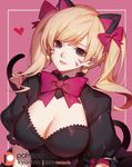  2018 alternate_costume animal_ears artist_name bangs black_cat_d.va black_dress blonde_hair bow bowtie breasts brown_eyes cat_ears cleavage cleavage_cutout d.va_(overwatch) dress earrings facial_mark fake_animal_ears hair_bow head_tilt heart heart_earrings jewelry large_breasts long_hair looking_at_viewer overwatch parted_lips patreon_logo pink_background pink_bow pink_neckwear puffy_short_sleeves puffy_sleeves shiny shiny_hair short_sleeves solo songjikyo swept_bangs twintails upper_body whisker_markings 