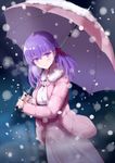  blush crying crying_with_eyes_open dress dutch_angle fate/stay_night fate_(series) fur_trim hair_ribbon holding holding_umbrella long_hair matou_sakura pink_umbrella purple_hair red_ribbon ribbon saitou_(taka_saitwu) smile snow snowing solo standing tears umbrella white_dress winter_clothes 