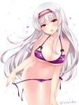  :d bikini blush breasts brown_eyes cleavage collarbone eyebrows_visible_through_hair floating_hair groin hair_between_eyes hairband head_tilt ichiyou_moka kantai_collection large_breasts long_hair navel open_mouth purple_bikini shoukaku_(kantai_collection) side-tie_bikini sideboob silver_hair simple_background smile solo standing striped striped_hairband swimsuit underboob untied untied_bikini very_long_hair white_background 