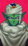  cape close-up commentary_request diadem dragon_ball dragon_ball_z earrings expressionless face facepaint frown green_skin jewelry kinjuu_(hariharitt) looking_at_viewer male_focus piccolo pink_background pointy_ears serious simple_background solo standing turban upper_body 