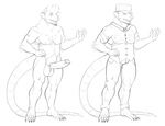  anthro balls beard dewclawpaw erection facial_hair humanoid_penis male mammal marsupial monochrome open_mouth opossum penis pubes sketch smile solo standing 