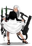  absurdres asagon007 cyborg dark_skin gatling_gun gun highres katana long_hair minigun one_eye_closed original rocket_launcher rpg rpg-7 sandals skirt smile solo sword tan weapon white_hair yellow_eyes 