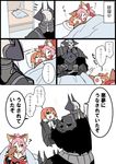  2girls ;d ? animal_ears armor bangs black_cloak black_eyes black_skirt bow breasts brown_eyes brown_hair chaldea_uniform cleavage closed_eyes closed_mouth comic detached_sleeves eiri_(eirri) eyebrows_visible_through_hair fang fang_out fate/extra fate/grand_order fate_(series) fox_ears fujimaru_ritsuka_(female) futon gloves glowing glowing_eyes hair_between_eyes hair_bow hair_ornament hair_scrunchie high_ponytail horns hug indoors jacket japanese_clothes kimono king_hassan_(fate/grand_order) large_breasts long_hair long_sleeves lying multiple_girls on_back on_side one_eye_closed open_mouth paw_gloves paws pillow pink_hair ponytail red_bow red_kimono rubbing_eyes scrunchie side_ponytail sidelocks skirt skull sleeping sleepy smile sparkle spikes strapless tamamo_(fate)_(all) tamamo_cat_(fate) translated under_covers waking_up white_jacket wide_sleeves yellow_scrunchie zzz 