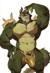  abs anthro balls biceps big_muscles black_penis bulge claws clothing dragon facial_piercing flexing green_scales horn_ring icarus_(darkgem) looking_at_viewer male muscular muscular_male navel nose_piercing nose_ring open_mouth pecs penis piercing pose scales smile solo tan_scales taoren teeth thong 