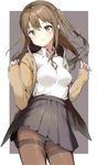  1girl bangs black_skirt blush breasts brown_eyes brown_hair brown_jacket brown_legwear brown_ribbon closed_mouth collared_shirt cowboy_shot girls_frontline grey_background hair_ribbon head_tilt highres jacket k-2_(girls_frontline) long_hair looking_at_viewer medium_breasts nather one_side_up open_clothes open_jacket pantyhose pleated_skirt ribbon shirt shirt_tucked_in simple_background sketch skirt sleeves_past_wrists smile solo standing tareme thighband_pantyhose wing_collar 