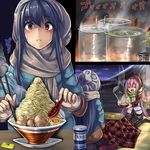  :d ^_^ ^o^ beanie black_legwear blank_eyes blue_coat blue_hair blush bowl closed_eyes closed_mouth comic cooking drum_(container) egg food frown fruit green_scarf grey_scarf happy hat highres holding holding_spoon jirou_(ramen) kagamihara_nadeshiko kotatsu ladle long_hair long_sleeves looking_at_viewer mandarin_orange monikano mountain multiple_girls night night_sky no_shoes nose_blush open_mouth pantyhose pantyhose_under_shorts pepper_shaker pink_hair plate purple_eyes purple_legwear red_hat scarf shima_rin short_shorts shorts sidelocks sitting sky smile spoon steam straight_hair striped striped_scarf sweat table tareme translation_request very_long_hair vest wariza white_hat white_vest yurucamp 