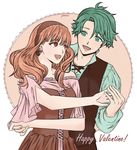 1girl alm_(fire_emblem) bare_shoulders celica_(fire_emblem) couple cross-laced_clothes dress fire_emblem fire_emblem_echoes:_mou_hitori_no_eiyuuou green_eyes green_hair hairband happy hetero highres long_hair open_mouth pastecola red_dress red_eyes red_hair shirt short_hair smile strapless strapless_dress 