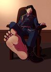  1boy barefoot booty_electric feet fullmetal_alchemist grin male_focus naughty_face pov sitting solo_focus suit tagme toes undressing 