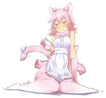  animal_ears apron aranagi_(arng_4401) bare_shoulders blush bow bowtie cat_ears cat_tail eyebrows_visible_through_hair frills gloves holding_strap kemono_friends peach_panther_(kemono_friends) pink_hair pink_legwear sitting solo tail tail_bow thighhighs 