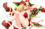  1girl ass blonde_hair boots breasts christmas curvy dark_magician_girl duel_monster female green_eyes hair_over_breasts hat huge_breasts leotard long_hair looking_at_viewer magical_girl partially_visible_vulva shiny shiny_skin smile solo thick_thighs thighs tsukasawa_takamatsu upper_body yu-gi-oh! yuu-gi-ou yuu-gi-ou_duel_monsters 