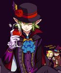  2boys bat_wings blonde_hair cape cupping_glass elaine fairy fang flower gloves green_hair halloween_costume hat helbram king_(nanatsu_no_taizai) kusakari long_sleeves looking_at_viewer multiple_boys nanatsu_no_taizai one_eye_closed pointy_ears purple_background red_flower red_rose rose sitting tomato_juice vampire white_gloves wings witch_hat yellow_eyes 