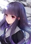  asagami_fujino bangs blunt_bangs blurry blurry_background breasts commentary_request drill_hair eyebrows_visible_through_hair fate/grand_order fate_(series) hane_yuki highres kara_no_kyoukai long_hair looking_at_viewer medium_breasts multicolored multicolored_shirt open_mouth parted_lips pink_eyes purple_hair solo 