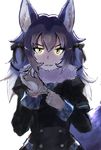  animal_ears aranagi_(arng_4401) bow dire_wolf_(kemono_friends) eyebrows_visible_through_hair fur_collar gloves glowing glowing_eyes hair_bow highres kemono_friends multicolored_hair necktie plaid_trim solo tail v-shaped_eyebrows wolf_ears wolf_tail yellow_eyes 