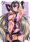  &gt;:( alternate_costume armpits arms_behind_head belt between_breasts blonde_hair breasts chain cleavage closed_mouth collar cowboy_shot dated elbow_gloves eyebrows_visible_through_hair fate/grand_order fate_(series) frown garter_belt gloves headpiece jeanne_d'arc_(alter)_(fate) jeanne_d'arc_(fate)_(all) kasugano_tobari large_breasts long_hair looking_at_viewer navel purple_background purple_gloves purple_legwear purple_swimsuit ribs signature slingshot_swimsuit solo standing stomach straight_hair sweat swimsuit tan tanline thighhighs v-shaped_eyebrows very_long_hair 