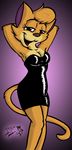  2018 anthro breasts cat cleavage clothed clothing dress driprat feline female fur hands_behind_head hi_res little_black_dress looking_at_viewer mammal multicolored_fur open_mouth open_smile portrait simple_background smile solo three-quarter_portrait tight_clothing two_tone_fur 