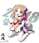 2018 :d animal animal_ears bandana bangs black_footwear blue_eyes blush bone_hair_ornament chinese_new_year chinese_zodiac commentary_request dated dog dog_ears dog_girl dog_tail eyebrows_visible_through_hair fang fur_collar hair_ribbon highres holding holding_animal holding_dog japanese_clothes kimono langbazi light_brown_hair long_hair long_sleeves looking_at_viewer open_mouth original pantyhose parted_bangs purple_ribbon red_bandana ribbon signature sitting sleeves_past_fingers sleeves_past_wrists smile solo tail tongue tongue_out very_long_hair wariza white_background white_kimono white_legwear year_of_the_dog 