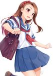  bag blue_sailor_collar blue_skirt blush bow brown_footwear brown_hair hair_bow hairband idolmaster idolmaster_(classic) leg_up long_hair medium_skirt minase_iori miri_(ago550421) nail_polish neckerchief pink_eyes pink_nails pleated_skirt red_bow red_hairband red_neckwear round_teeth sailor_collar school_bag school_uniform serafuku shirt short_sleeves shoulder_bag signature skirt solo standing standing_on_one_leg teeth white_background white_shirt zipper 