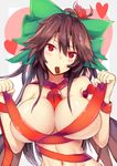  between_breasts blush border bow breasts brown_hair chocolate commentary food_in_mouth green_bow grey_border hair_between_eyes hair_bow head_tilt heart highres huge_breasts long_hair looking_at_viewer mouth_hold navel nude red_eyes red_ribbon reiuji_utsuho ribbon simple_background solo touhou uchisukui upper_body very_long_hair white_background 