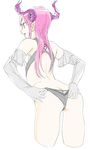  adjusting_clothes adjusting_panties aqua_eyes arched_back ass ass_cutout back bangs bare_shoulders black_panties butt_crack cropped_legs demon_horns elbow_gloves elizabeth_bathory_(fate) elizabeth_bathory_(fate)_(all) eyebrows fate/extra fate/extra_ccc fate_(series) from_behind fronttire gloves grey_gloves hair_between_eyes highres horns legs_apart long_hair looking_away open_mouth panties pink_hair simple_background smile solo straight_hair teeth underwear white_background 