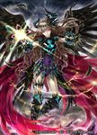  armor armored_boots bodysuit boots brown_hair cardfight!!_vanguard company_name curly_hair feathered_wings feathers gloves horns long_hair magic official_art purple_eyes revenger_waking_angel solo taneda_kazuhiro wings 